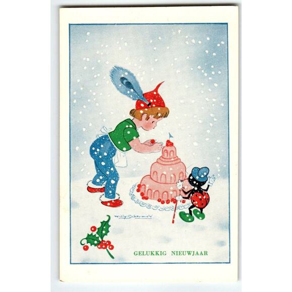 Fantasy Postcard Fairy Boy Dressed Bug Insect Snow Willy Schermele Dutch Artist - Picture 1 of 2